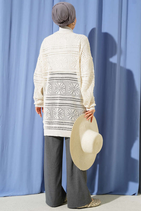 Wooden Button Openwork Knit Cardigan Ecru