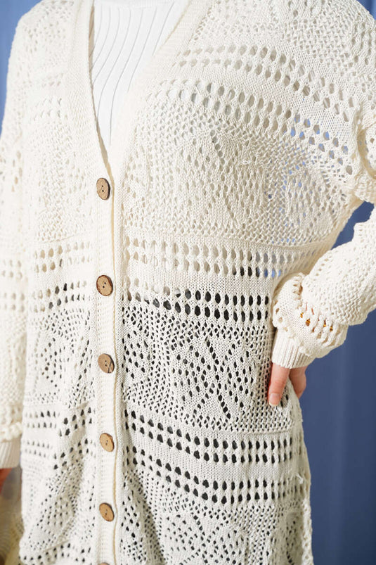 Wooden Button Openwork Knit Cardigan Ecru