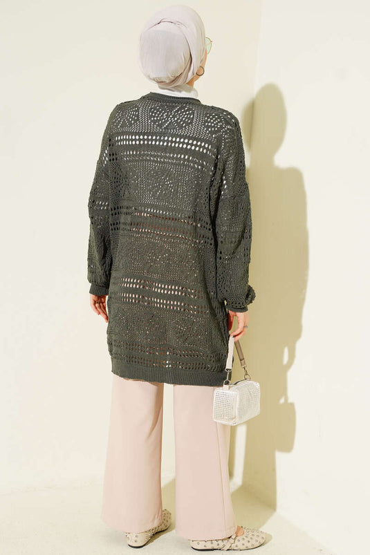 Ahşap Düğmeli Ajurlu Triko Hırka Nefti