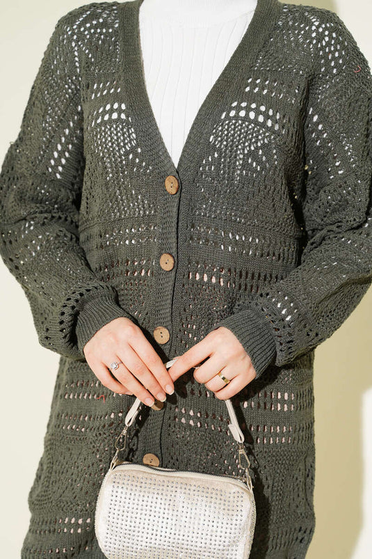 Ahşap Düğmeli Ajurlu Triko Hırka Nefti