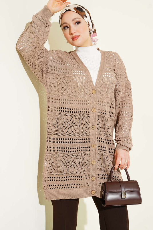 Wooden Button Openwork Knit Cardigan Mink