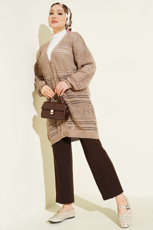 Wooden Button Openwork Knit Cardigan Mink