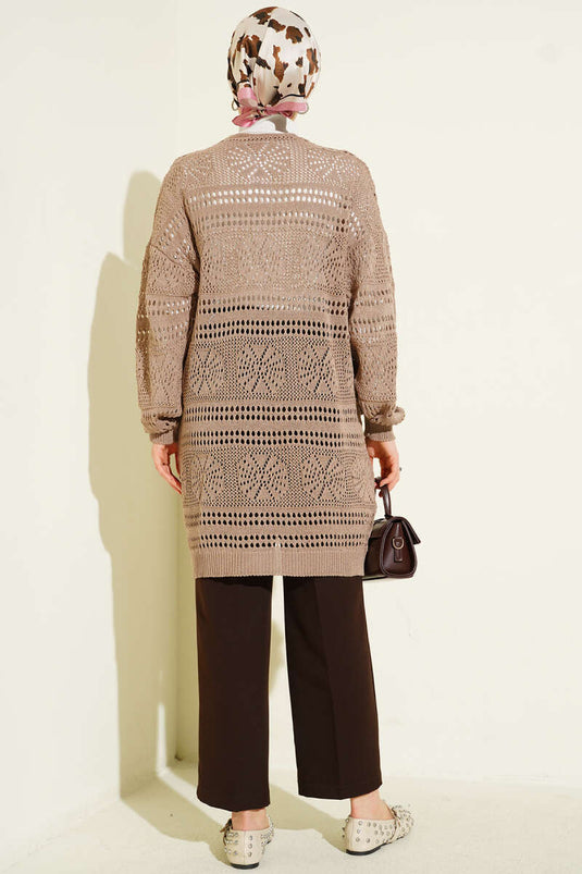 Wooden Button Openwork Knit Cardigan Mink