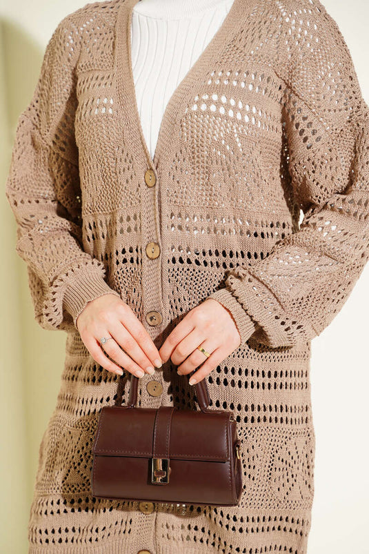Wooden Button Openwork Knit Cardigan Mink