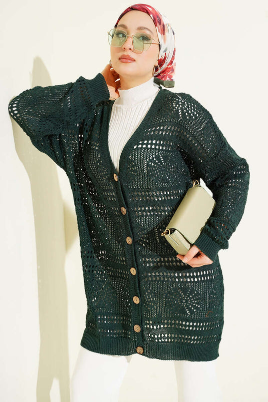 Emerald Wooden Button Openwork Knit Cardigan