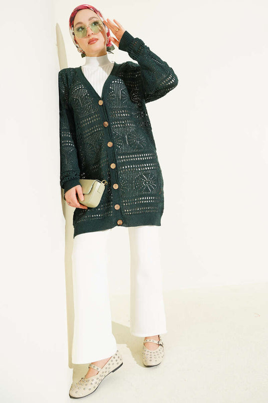 Emerald Wooden Button Openwork Knit Cardigan