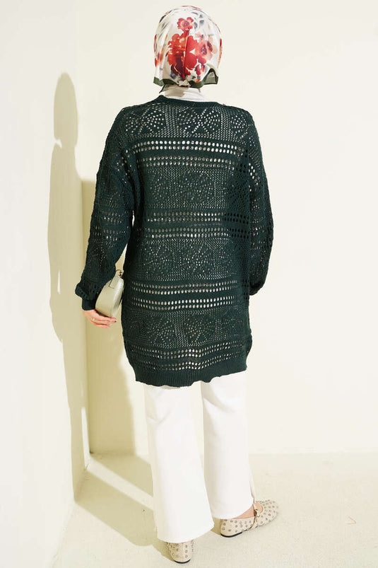 Emerald Wooden Button Openwork Knit Cardigan