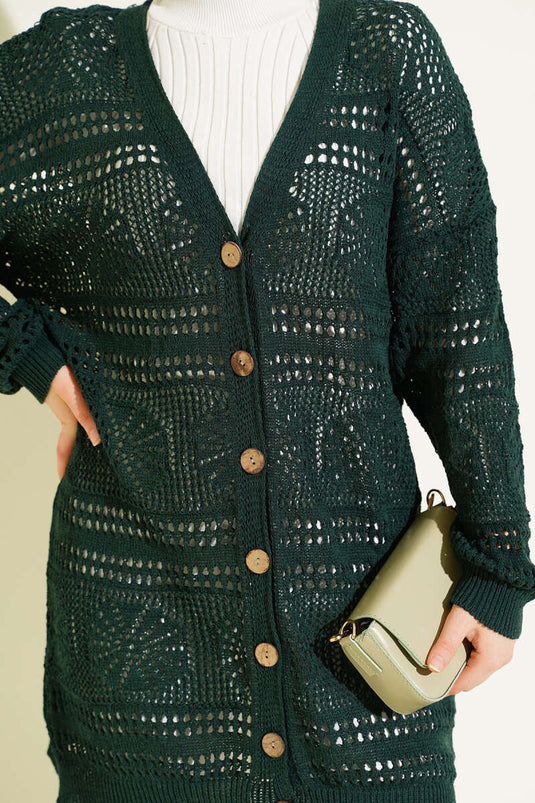 Emerald Wooden Button Openwork Knit Cardigan