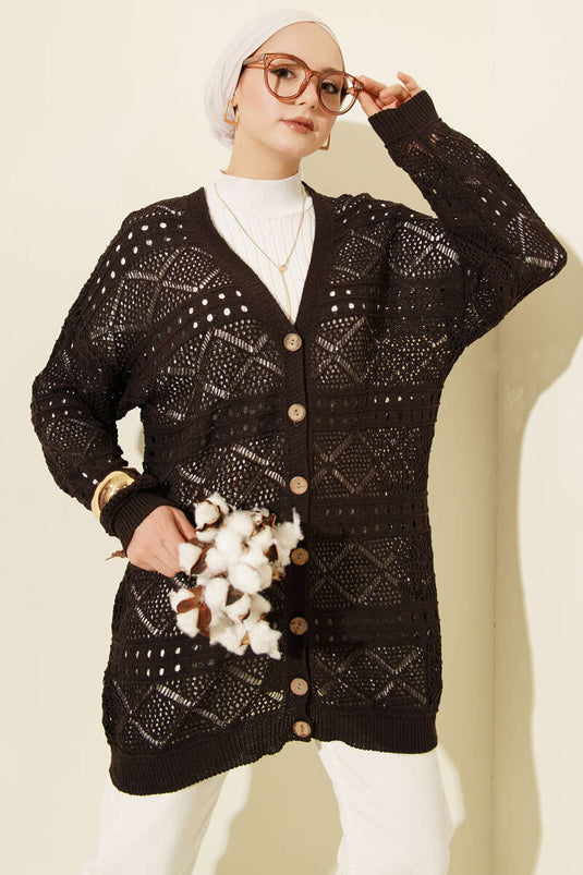 Wooden Buttoned Araboy Openwork Knit Cardigan Dark Brown
