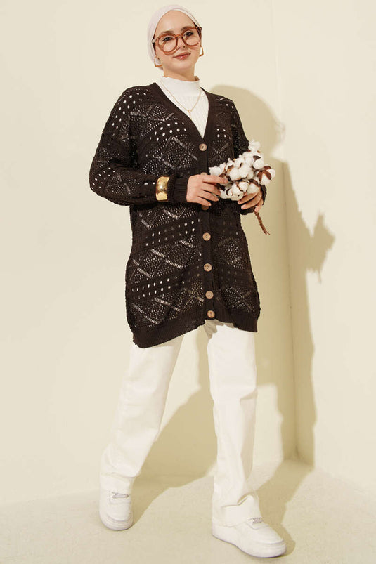 Wooden Buttoned Araboy Openwork Knit Cardigan Dark Brown