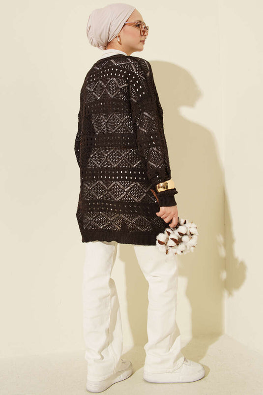 Wooden Buttoned Araboy Openwork Knit Cardigan Dark Brown