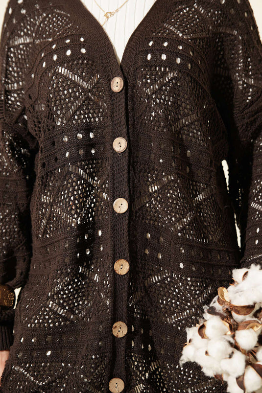 Wooden Buttoned Araboy Openwork Knit Cardigan Dark Brown