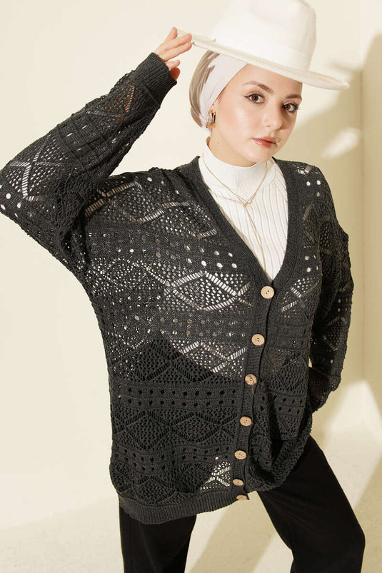 Wooden Buttoned Araboy Openwork Knit Cardigan Anthracite
