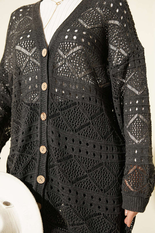 Wooden Buttoned Araboy Openwork Knit Cardigan Anthracite