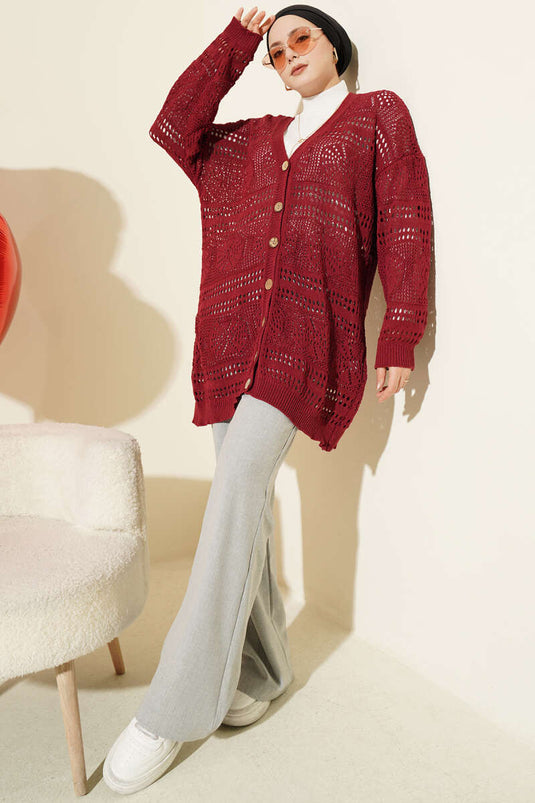 Ahşap Düğmeli Araboy Ajurlu Triko Hırka Bordo