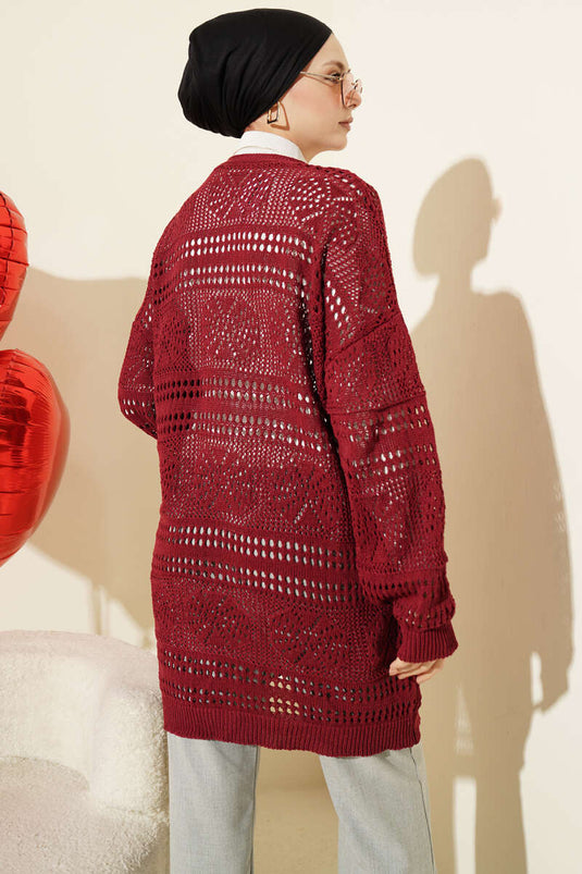 Ahşap Düğmeli Araboy Ajurlu Triko Hırka Bordo