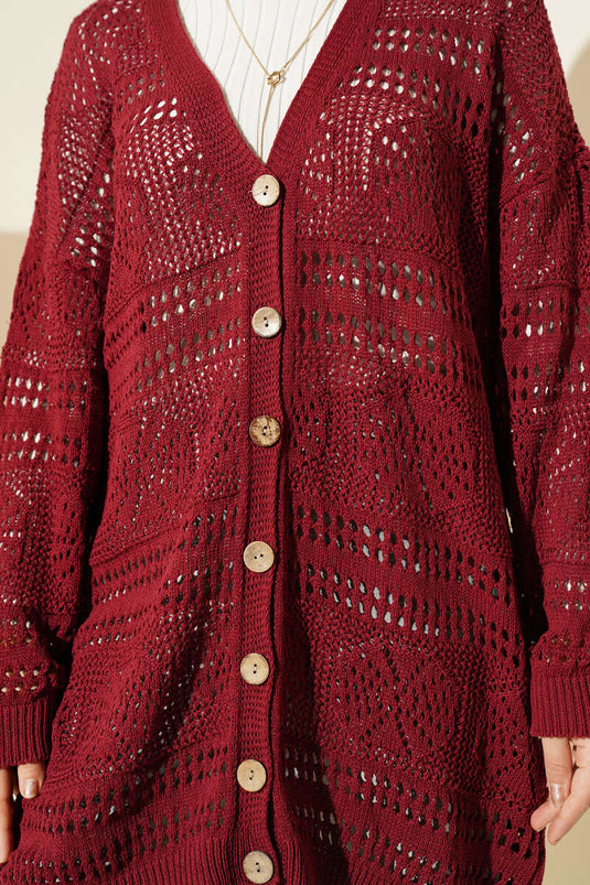 Ahşap Düğmeli Araboy Ajurlu Triko Hırka Bordo