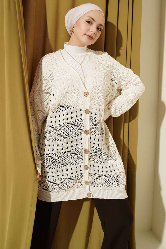 Wooden Buttoned Openwork Knit Cardigan Ecru
