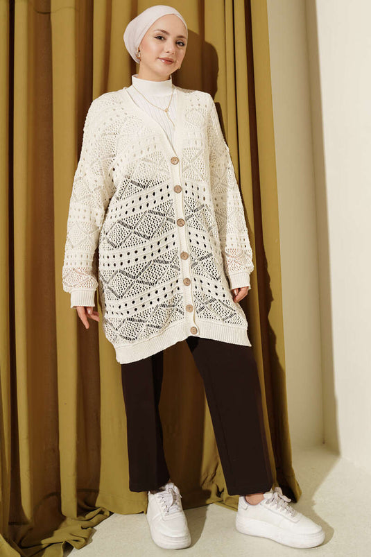 Wooden Buttoned Openwork Knit Cardigan Ecru