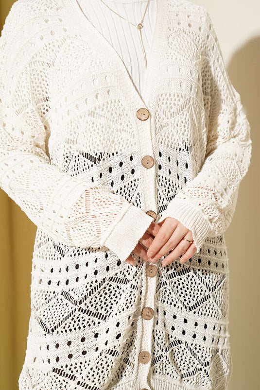 Wooden Buttoned Openwork Knit Cardigan Ecru