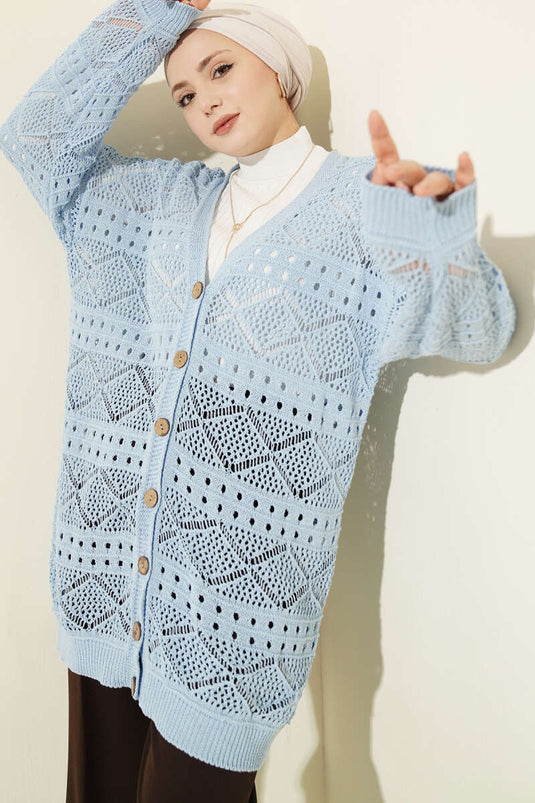 Cardigan lavorato a maglia traforato con bottoni in legno, blu