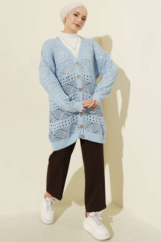 Cardigan lavorato a maglia traforato con bottoni in legno, blu