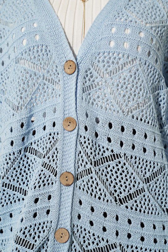 Cardigan lavorato a maglia traforato con bottoni in legno, blu