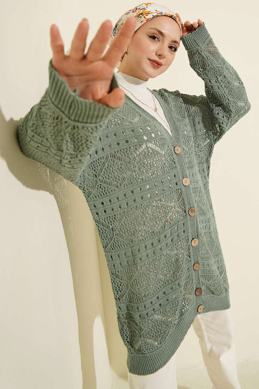 Ahşap Düğmeli Araboy Ajurlu Triko Hırka Mint