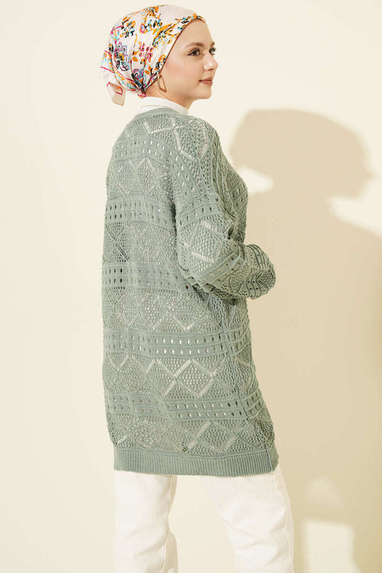 Ahşap Düğmeli Araboy Ajurlu Triko Hırka Mint