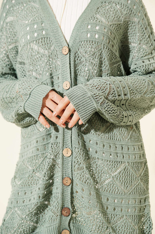 Ahşap Düğmeli Araboy Ajurlu Triko Hırka Mint