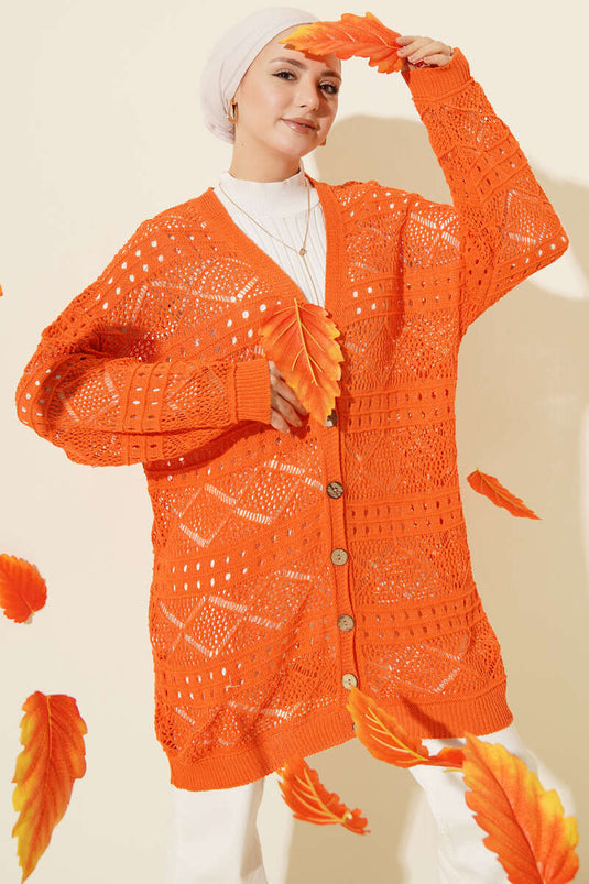 Wooden Buttoned Openwork Knit Cardigan Orange