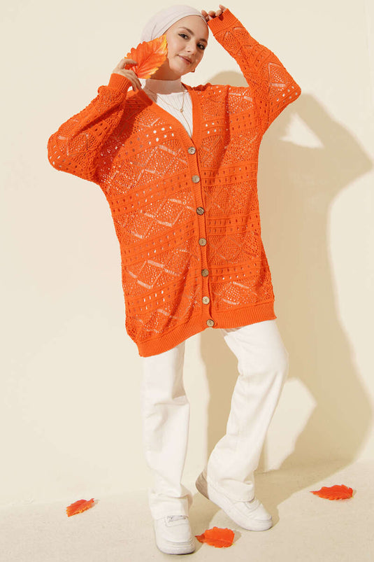 Wooden Buttoned Openwork Knit Cardigan Orange