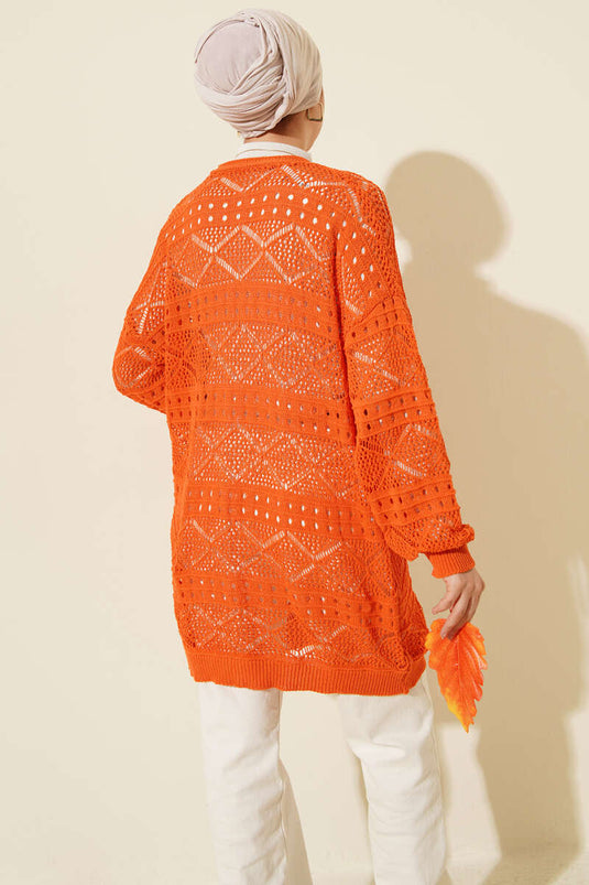 Wooden Buttoned Openwork Knit Cardigan Orange