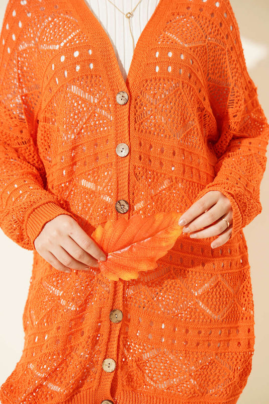 Wooden Buttoned Openwork Knit Cardigan Orange