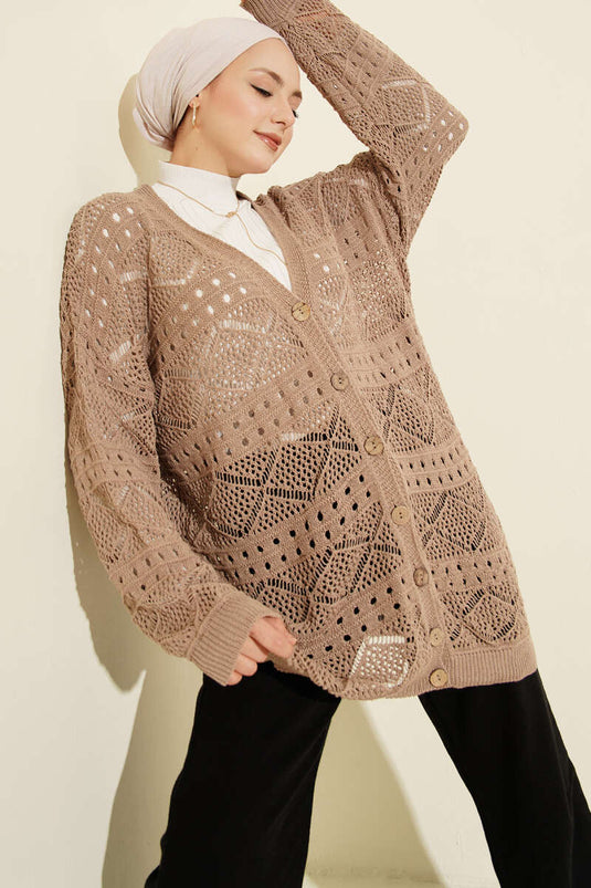 Wooden Buttoned Araboy Openwork Knit Cardigan Mink
