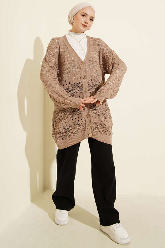 Wooden Buttoned Araboy Openwork Knit Cardigan Mink