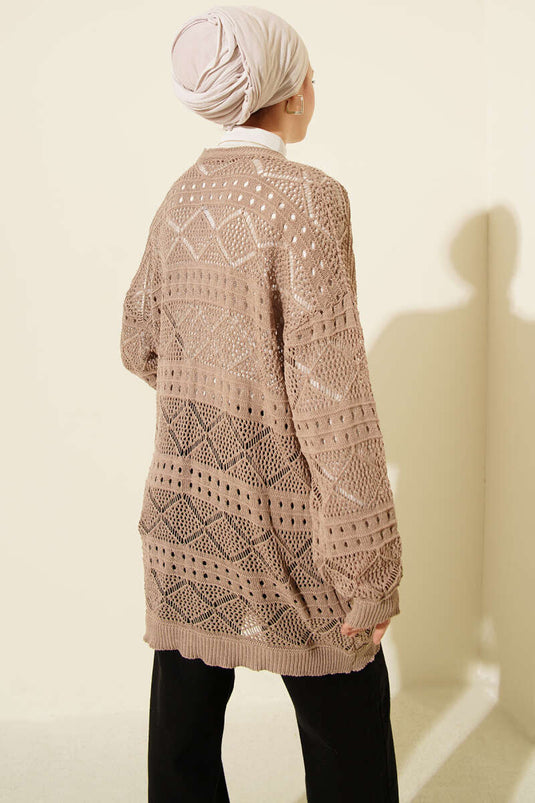 Wooden Buttoned Araboy Openwork Knit Cardigan Mink