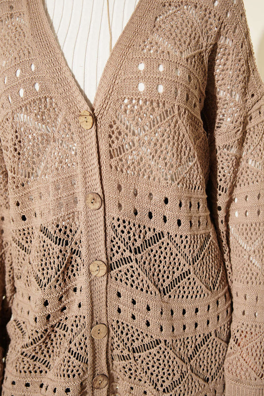 Wooden Buttoned Araboy Openwork Knit Cardigan Mink