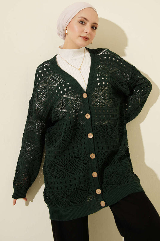 Wooden Button Abaya Openwork Knit Cardigan Emerald