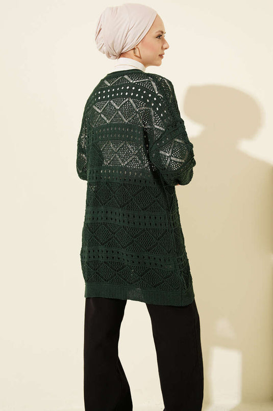 Wooden Button Abaya Openwork Knit Cardigan Emerald