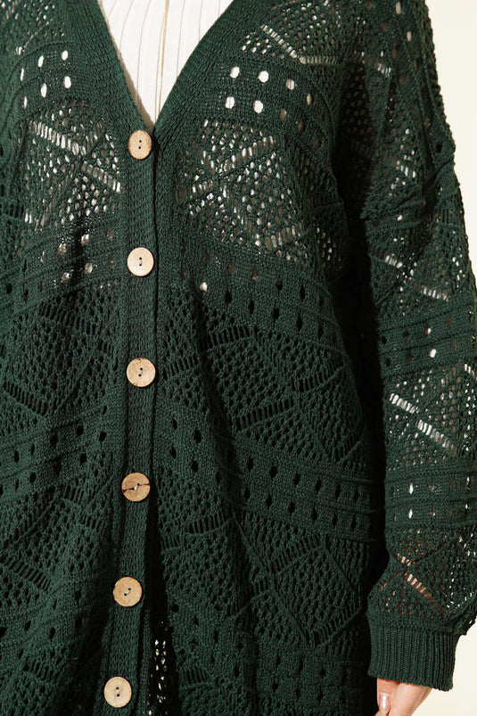 Wooden Button Abaya Openwork Knit Cardigan Emerald