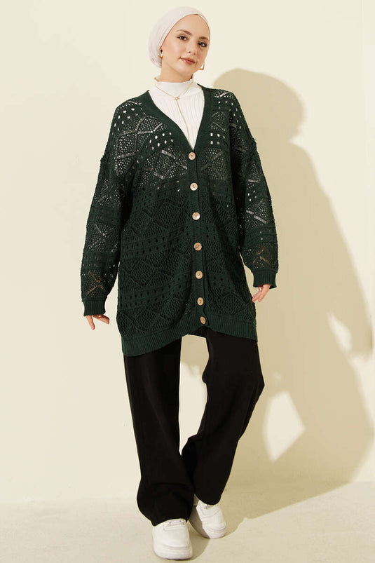 Wooden Button Abaya Openwork Knit Cardigan Emerald