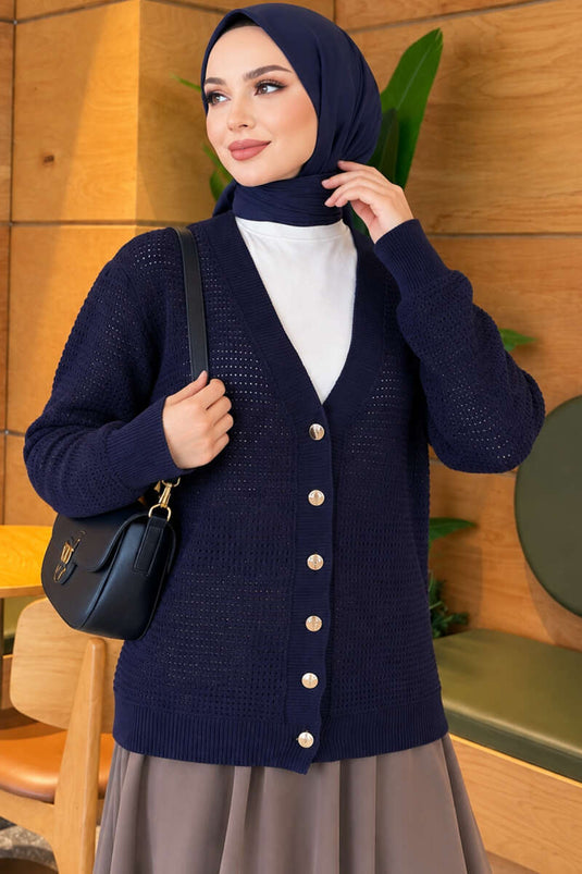 Chaqueta De Punto Con Patrón Ajur Y Escote En V En Azul Marino