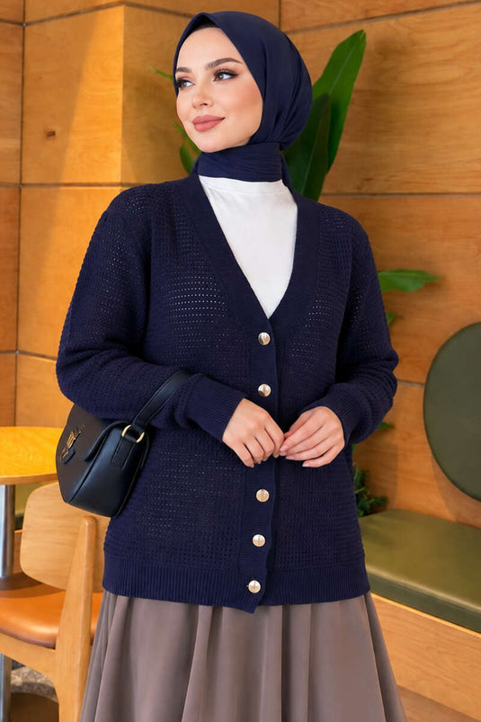 Chaqueta De Punto Con Patrón Ajur Y Escote En V En Azul Marino