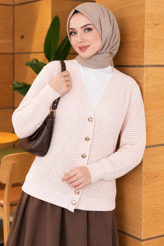 Pink Patterned V-Neck Knit Cardigan