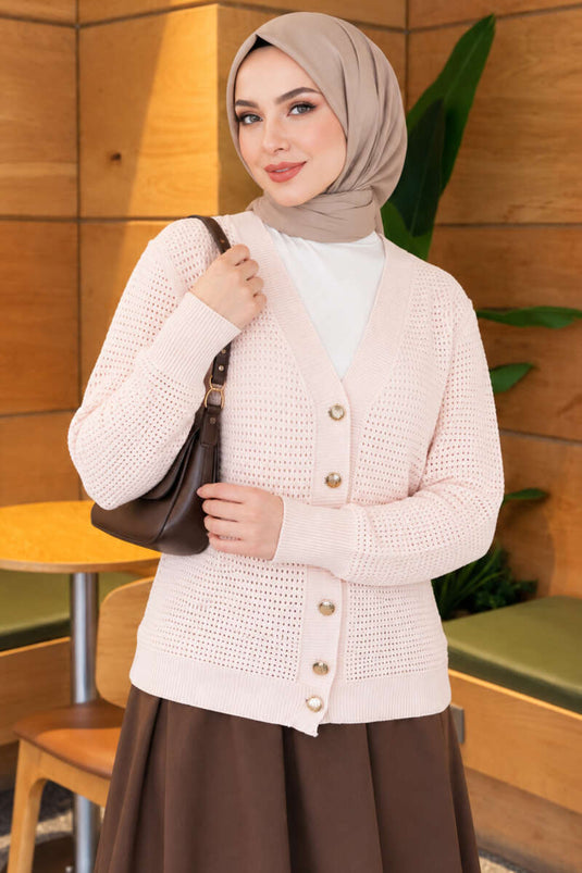 Pink Patterned V-Neck Knit Cardigan