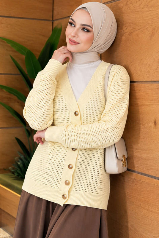 Yellow Patterned V-Neck Knit Cardigan