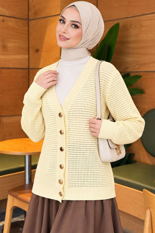Yellow Patterned V-Neck Knit Cardigan