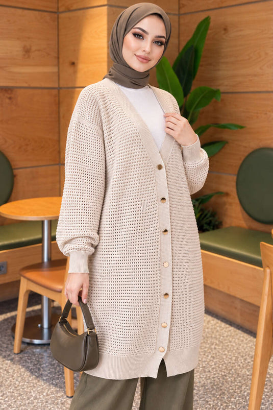 Cardigan Lungo In Maglia Con Motivo E V-Scollatura Beige