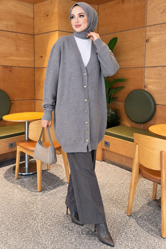 Patterned V-Neck Long Knit Cardigan In Grey